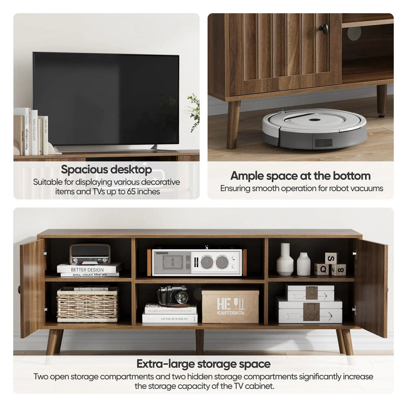 55" TV Cabinet With Vertical Groove Doors, Adjustable Shelves - Walnut by Unique Piece Furniture