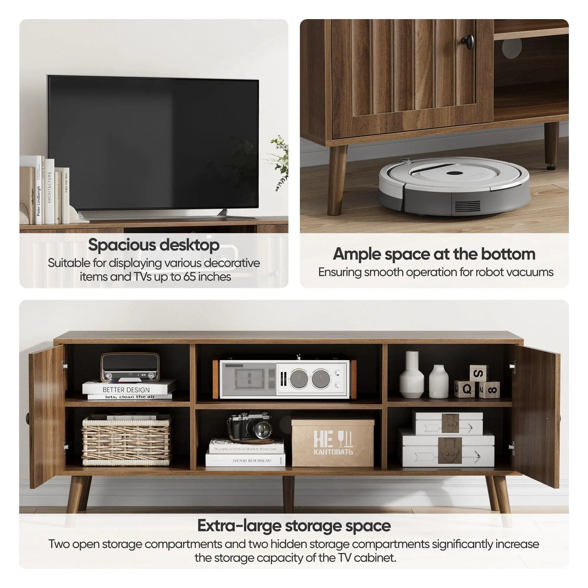 55" TV Cabinet With Vertical Groove Doors, Adjustable Shelves - Walnut by HouseOfZazla