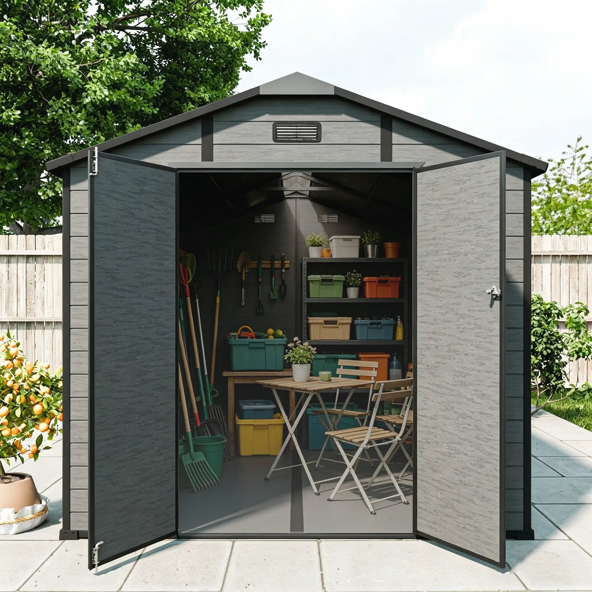 8x14 FT Plastic Outdoor Storage Shed - Lockable Resin Tool Shed with 2 Window & 3 Air vents by HouseOfZazla