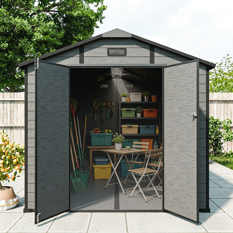 8x14 FT Plastic Outdoor Storage Shed - Lockable Resin Tool Shed with 2 Window & 3 Air vents by HouseOfZazla