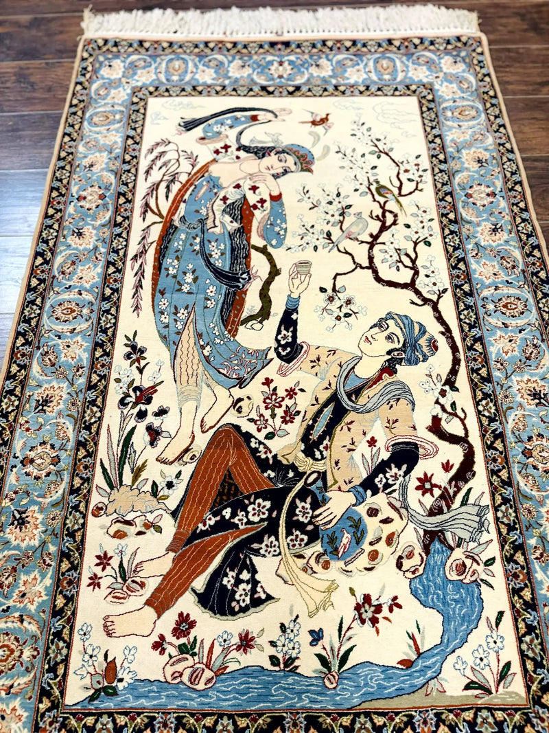 Persian Isfahan Pictorial Rug, Two Lovers, Kork Wool on Silk Foundation, Ivory and Light Blue, 500 KPSI Super Fine by Jewel Rugs