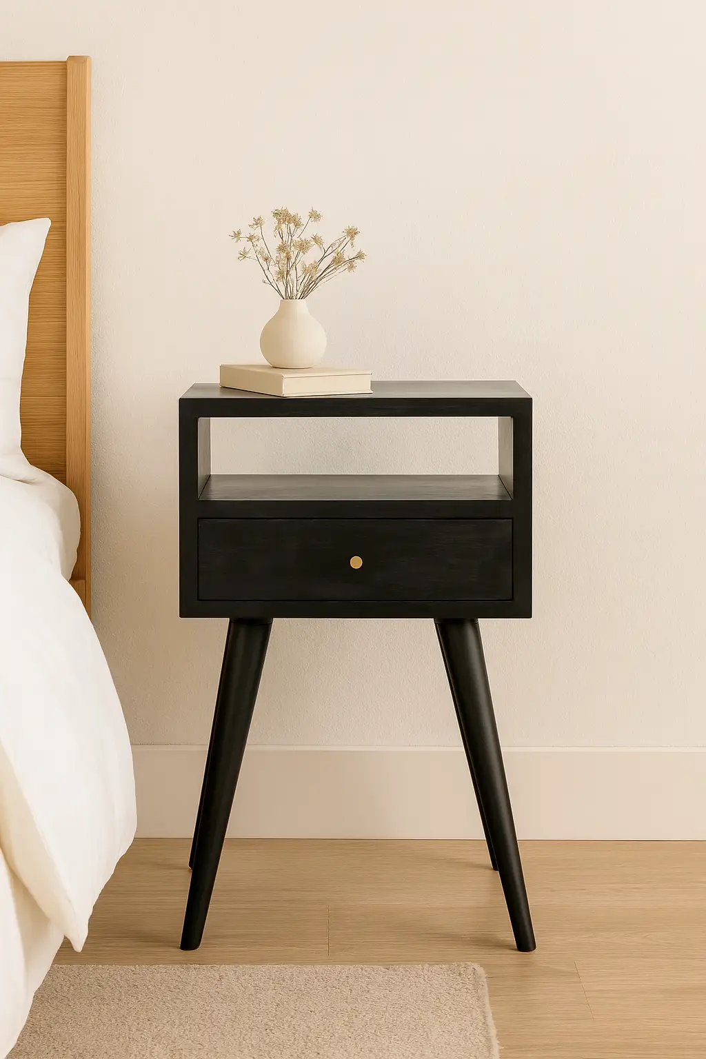 Solid Wood, Mini Nightstand, 1-Drawer, 1 Open-Slot, Ash by HouseOfZazla
