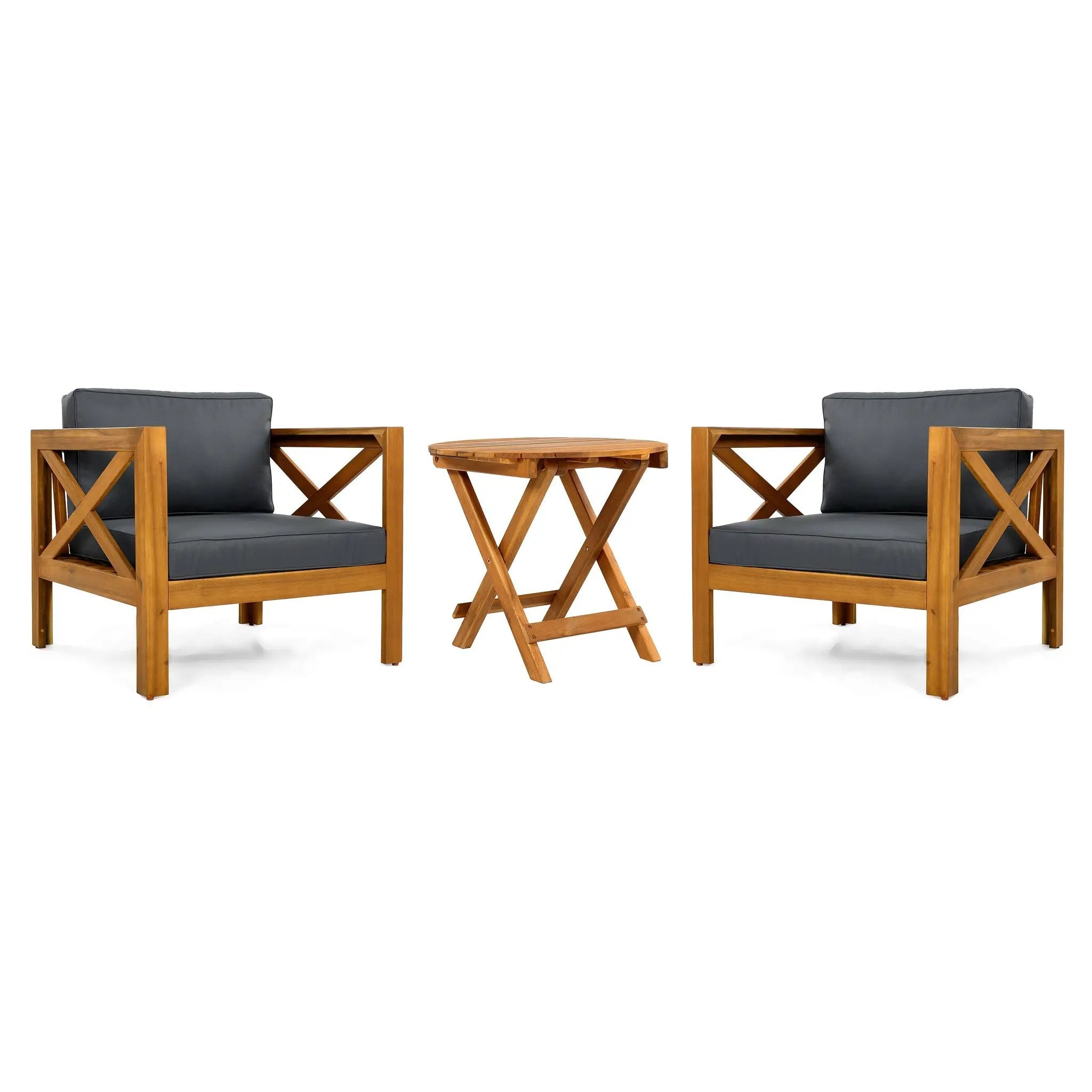 Patio Conversation Set with Foldable Acacia Wood Table and Cushioned Armchairs by HouseOfZazla