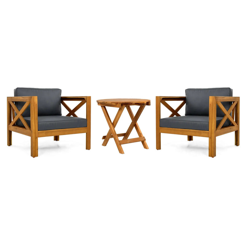 Patio Conversation Set with Foldable Acacia Wood Table and Cushioned Armchairs by HouseOfZazla