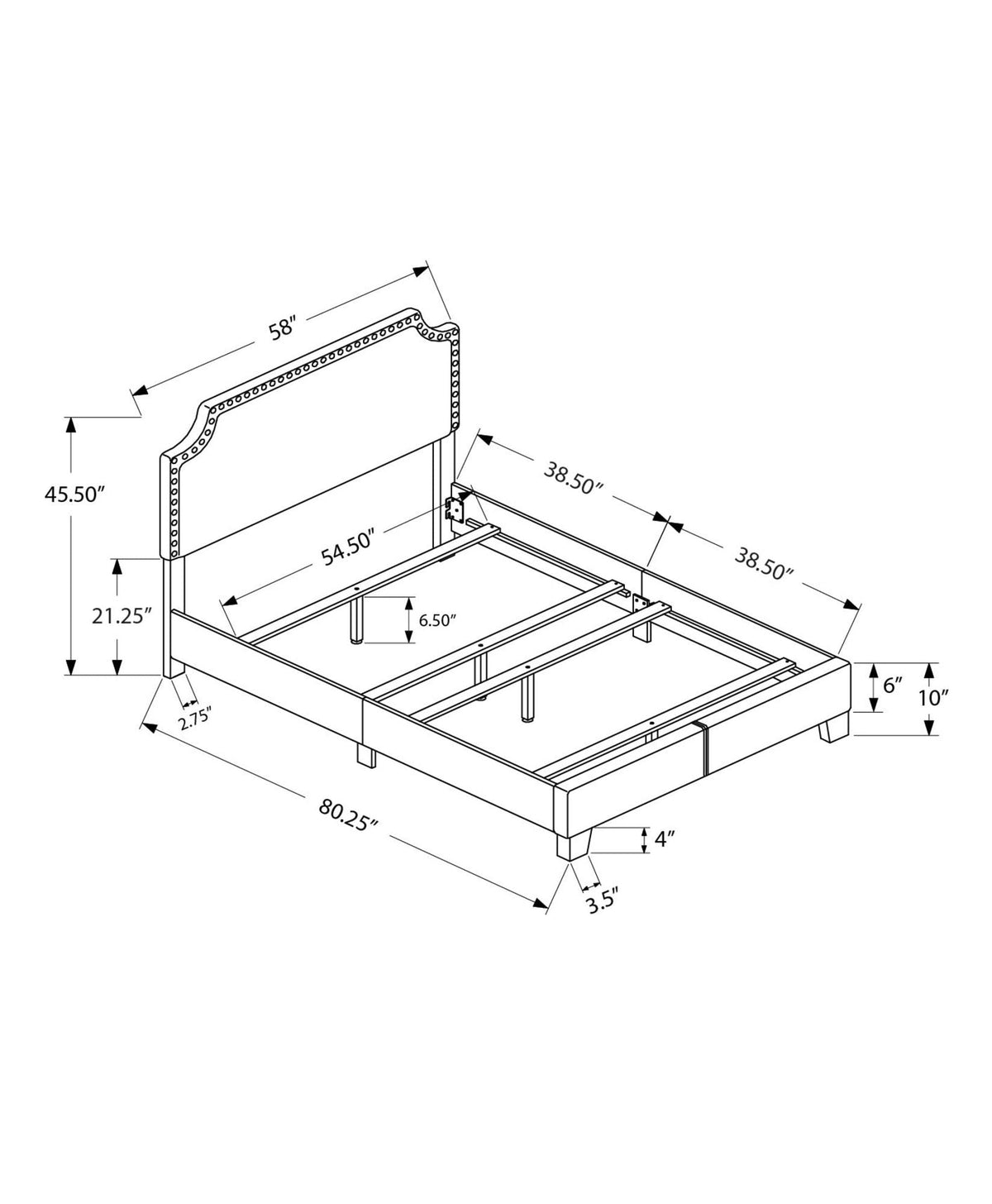 Gray Full Upholstered Bed with Nailhead Trim - Transitional Style, photo 4 of 4