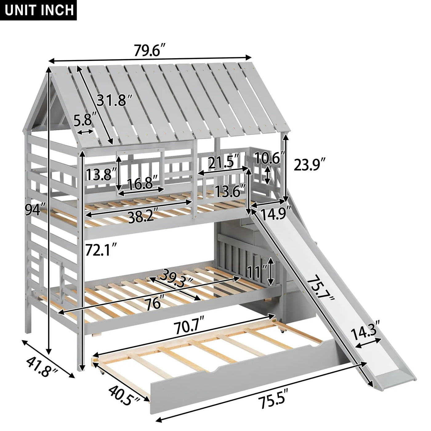 House Bunk Bed With Trundle, Storage Staircase, Roof And Window Design by HouseOfZazla