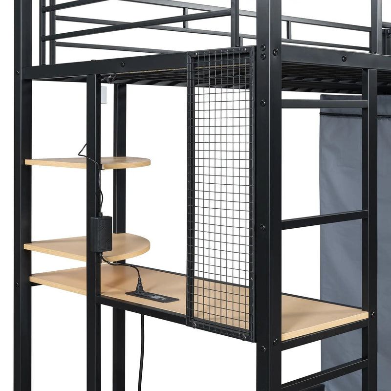 Loft Bed With Desk, Shelves, Power Outlet, LED Light And Wardrobe by Unique Piece Furniture