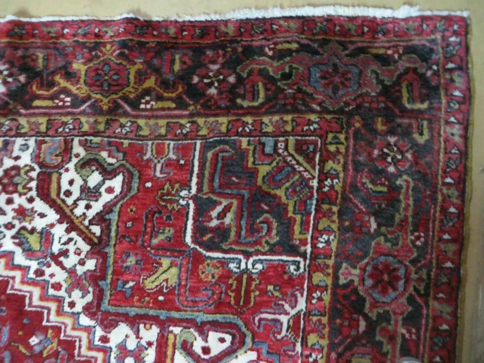 Heriz Rug 9x11, Geometric Persian Carpet Room Sized, Tribal Medallion Rug, Red Ivory Dark Blue Handmade Wool Rug for Living Room Dining Room by Jewel Rugs