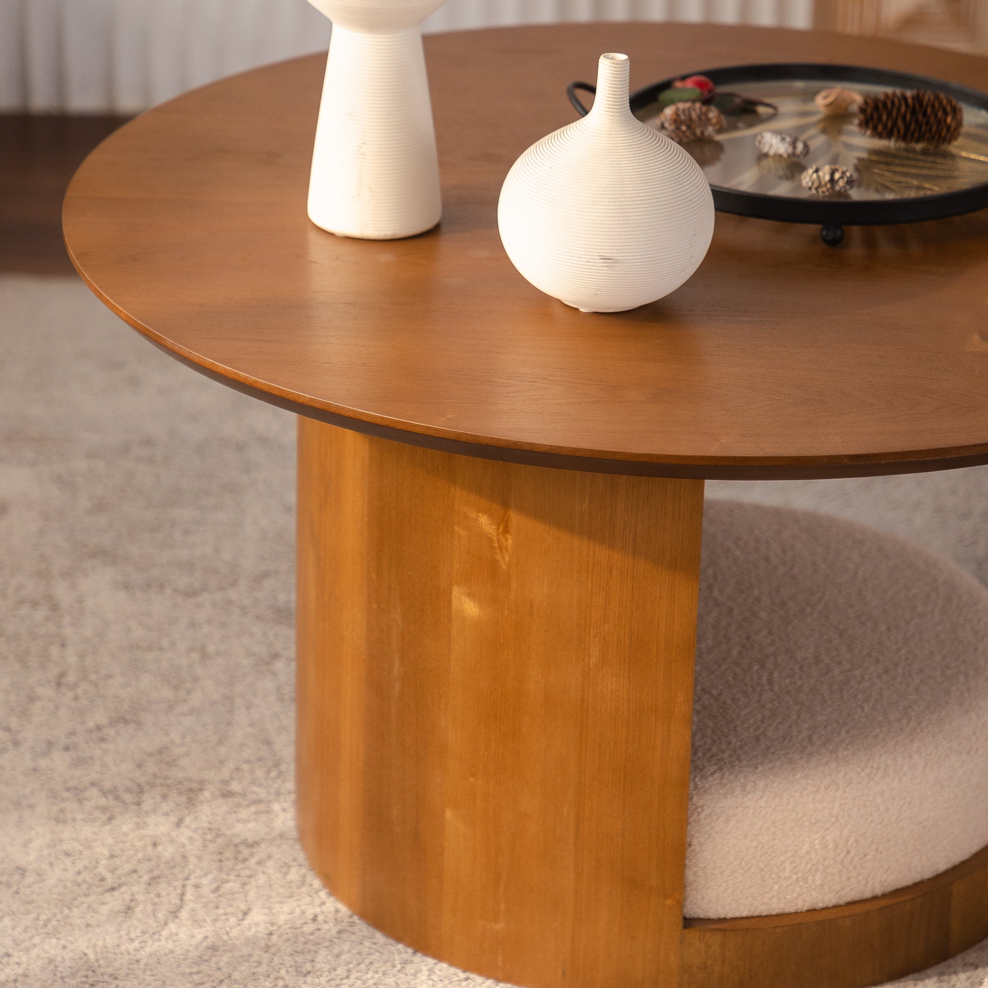 31.5" Round Wood Coffee Table with 3 Teddy Fabric Nesting Stools by HouseOfZazla