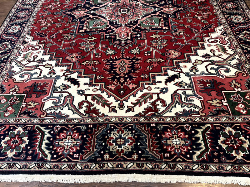 Indo Persian Heriz Rug 8x10, Geometric Medallion, Brick Red Ivory Navy Blue, Room Sized Heriz Carpet, Wool Rug by Jewel Rugs
