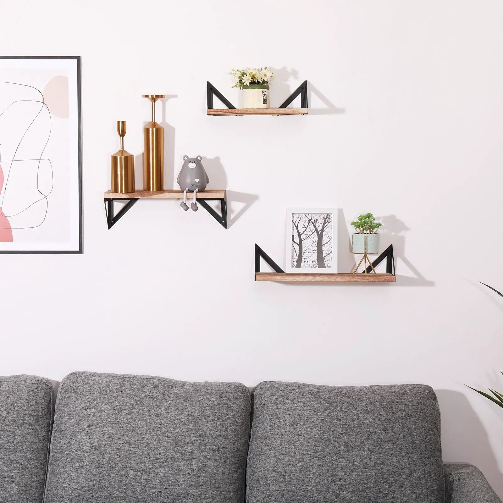 Floating Shelves, Long Wall Shelves (Set of 3), Wall Mounted Shelves With Brackets For Bedroom - Natural Wood by HouseOfZazla