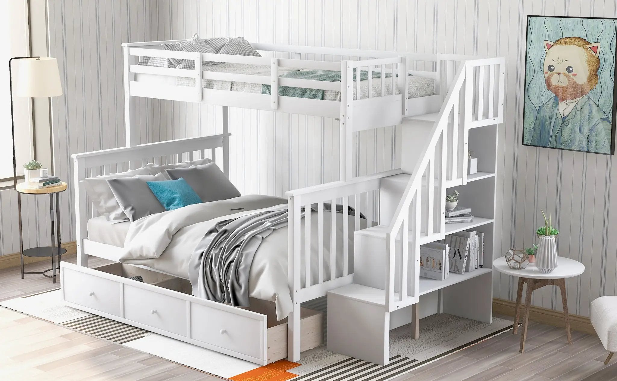 Stairway Bunk Bed With Storage And Guard Rail For Bedroom by HouseOfZazla