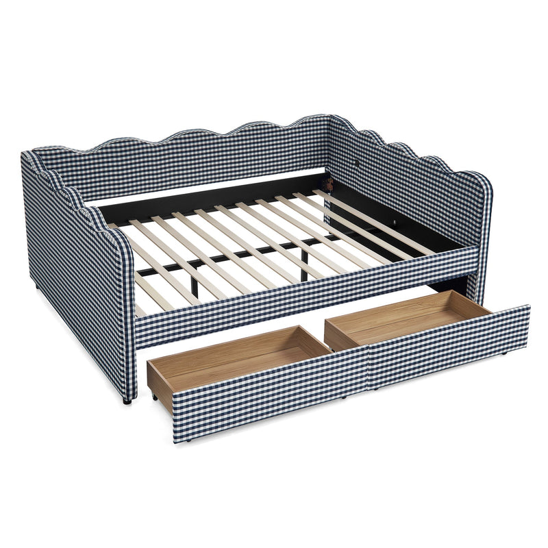 Queen Size Cozy Gingham Daybed with Two Storage Drawers and USB Port by HouseOfZazla