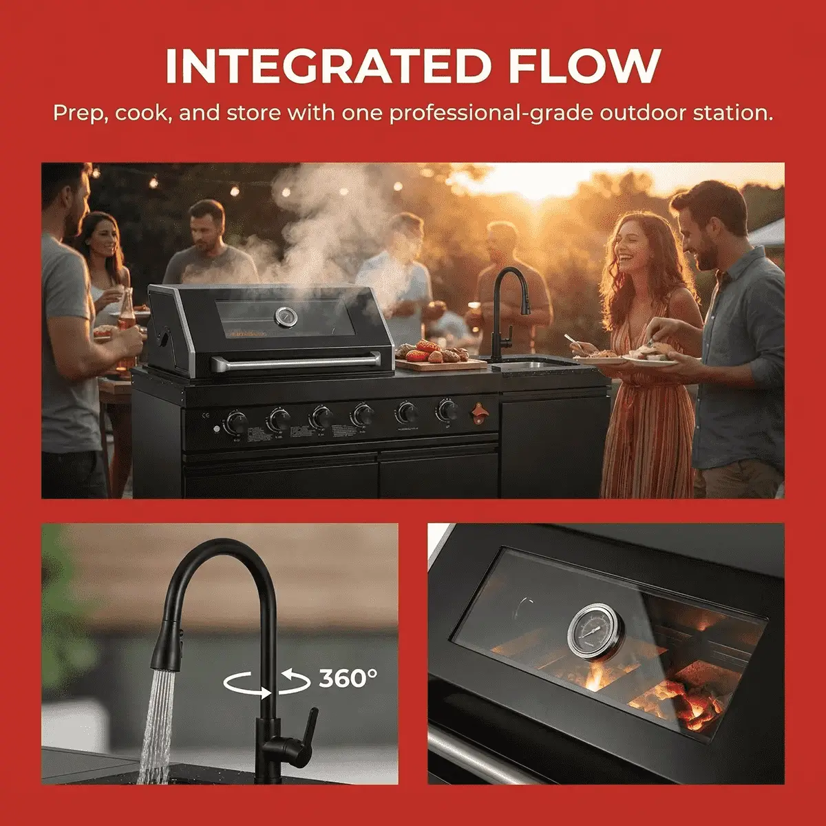 65" 4-Burner 72,000 BTU Black Outdoor Kitchen Island Grill + Round Side Burner by Chery Industrial