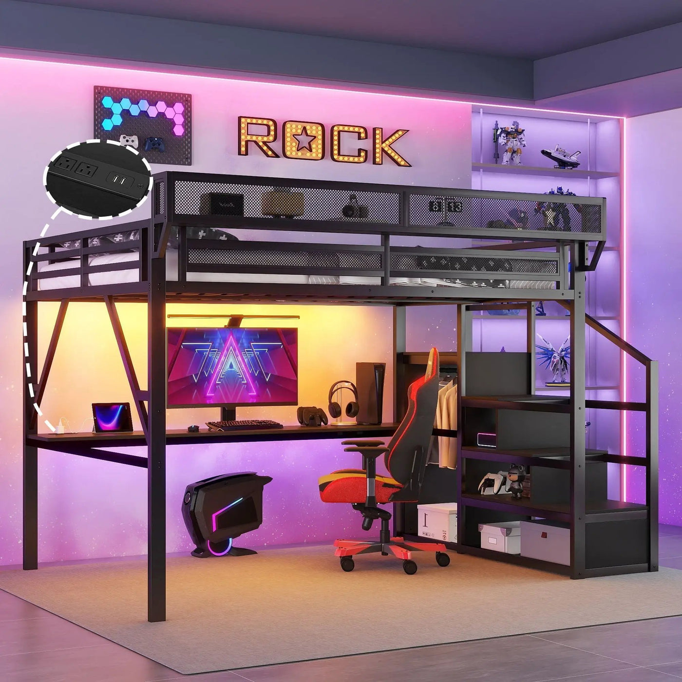 Loft Bed With Desk And Charging Station With Stairs And Light by HouseOfZazla