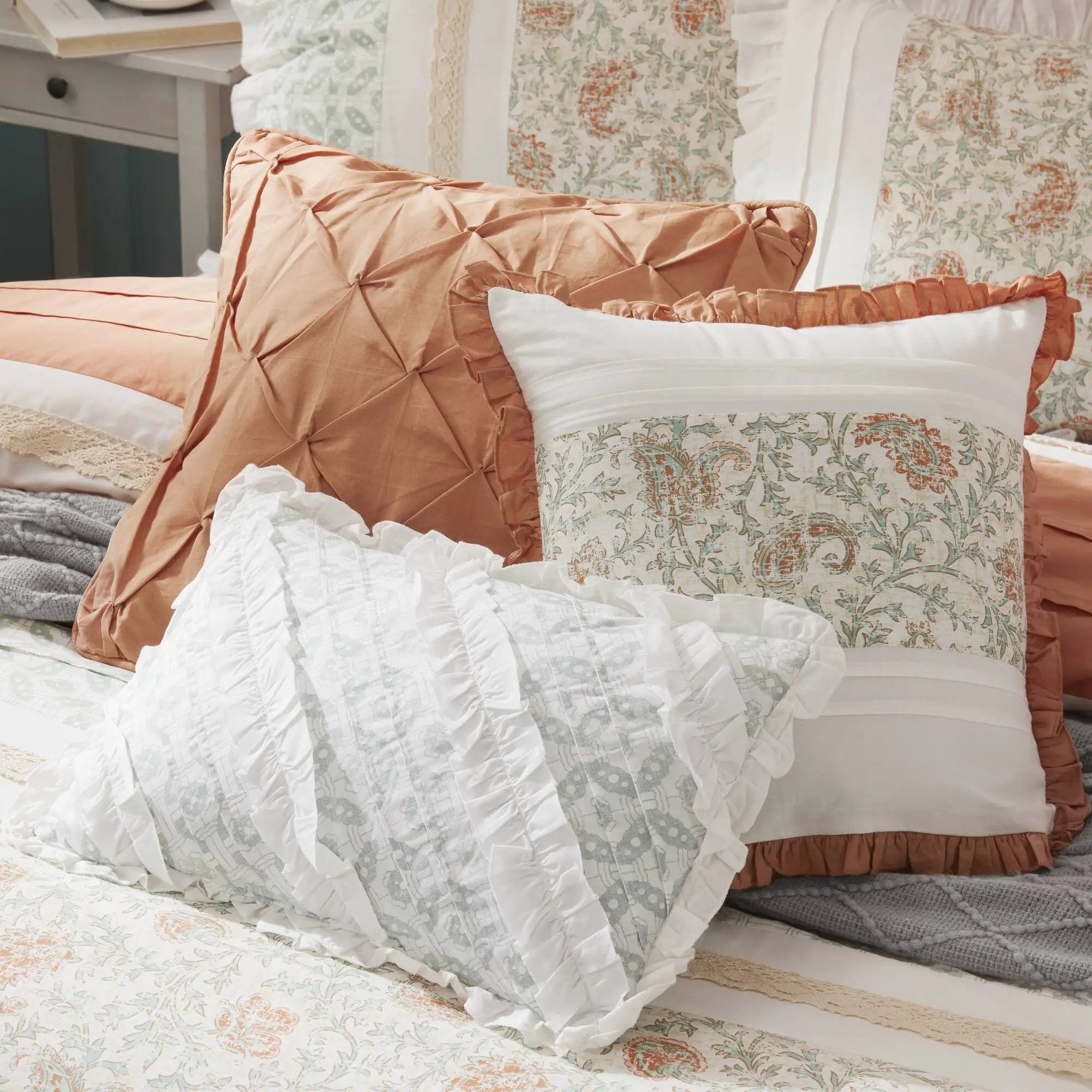 9 Piece Cotton Percale Comforter Set - Coral - King Size by HouseOfZazla