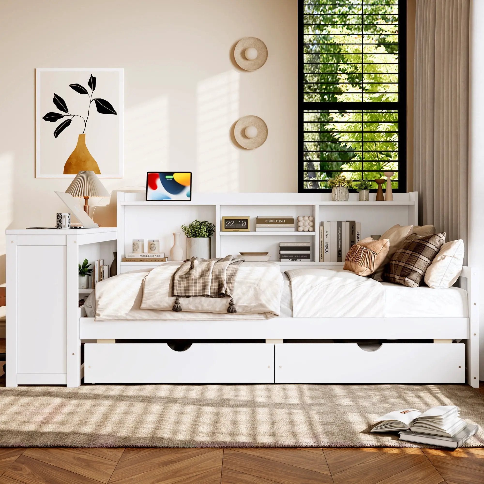 Corner Daybed With Storage Drawers, Desk, Charging Port & Bookcase by Unique Piece Furniture