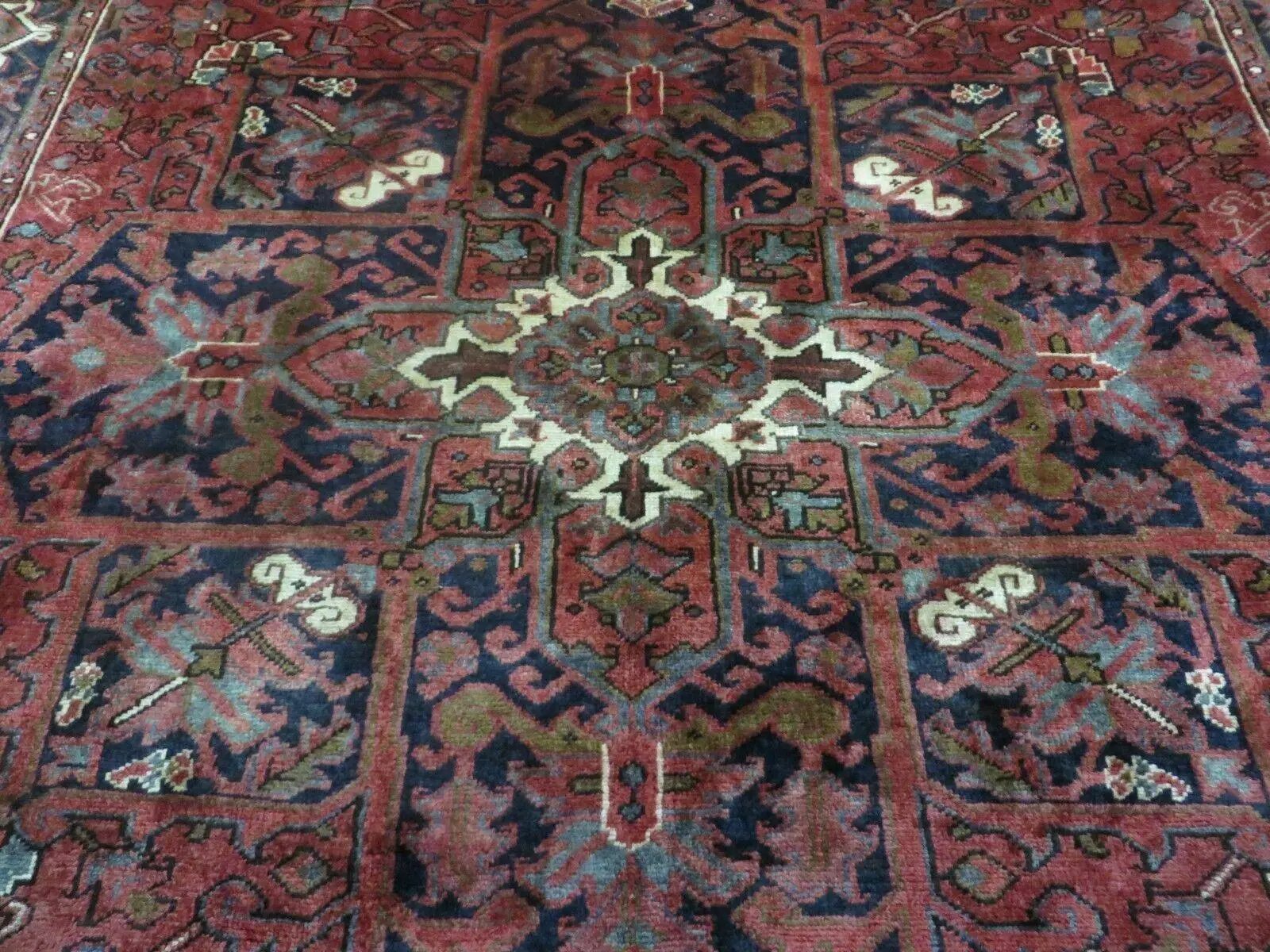 Persian Rug 8x11 Room Sized Heriz Carpet, Hand Knotted Wool Rug, Vintage Semi Antique, Geometric Medallion, Wine Red Cream Dark Blue, Wow by Jewel Rugs