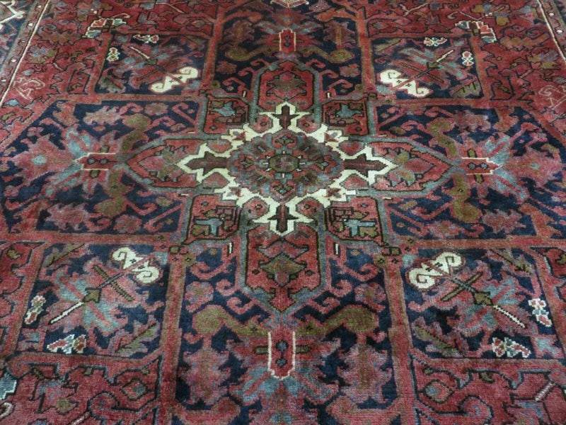 Persian Rug 8x11 Room Sized Heriz Carpet, Hand Knotted Wool Rug, Vintage Semi Antique, Geometric Medallion, Wine Red Cream Dark Blue, Wow by Jewel Rugs
