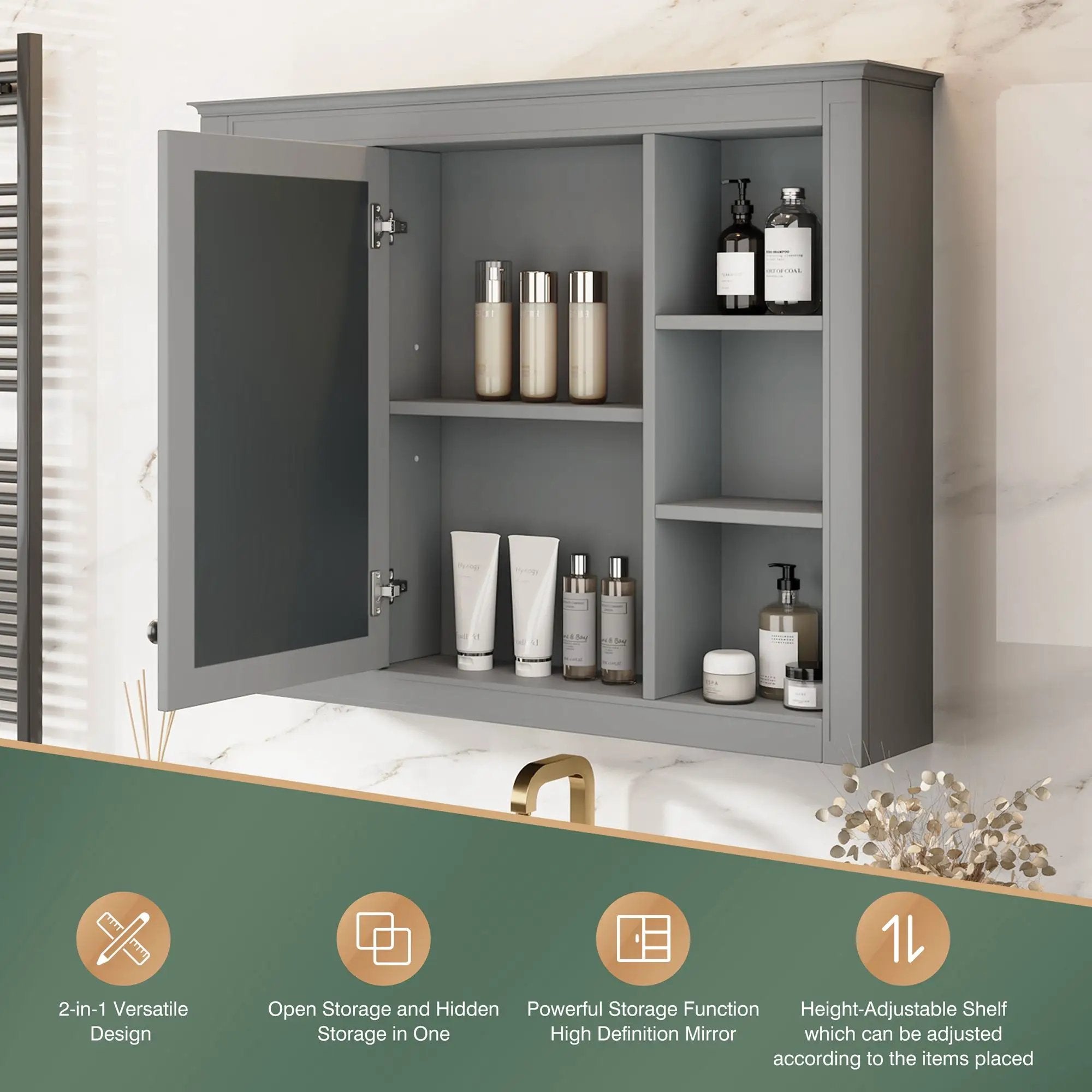Wall Mounted Medicine Cabinet With Mirror, Storage Cabinet Featuring 6 Open Shelves And Adjustable Interior by HouseOfZazla
