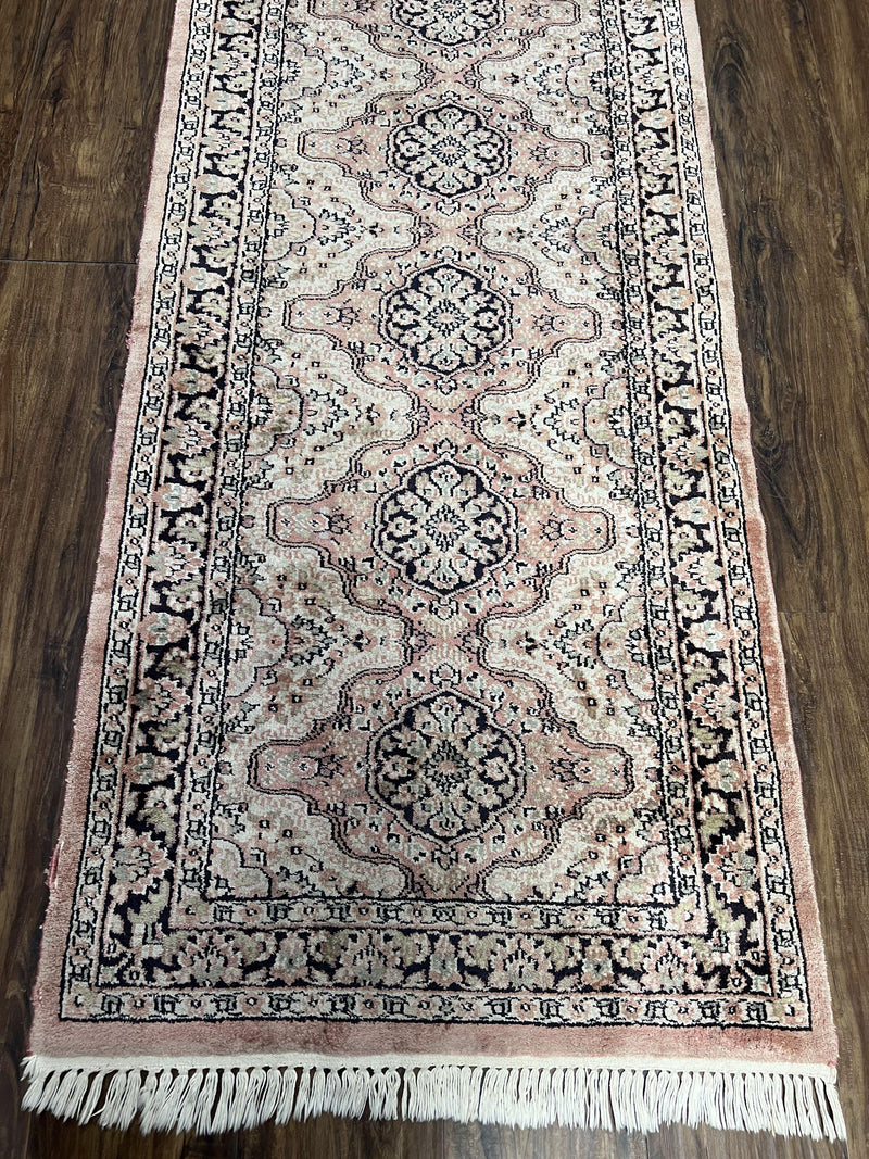Silk Kashmiri Runner 2.7 x 10 ft Vintage Rug, Ivory Pastel Pink, Hand-Knotted Vintage Runner, Hallway Carpet, Indian Rug Medallion Runner by Jewel Rugs