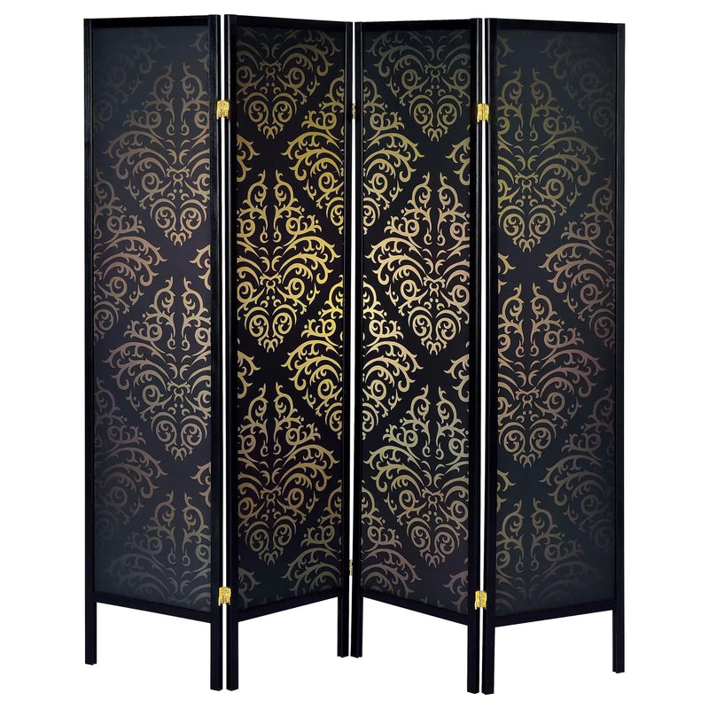 4 Panel Folding Screen With Diamond Scrollwork Motif - Black by HouseOfZazla