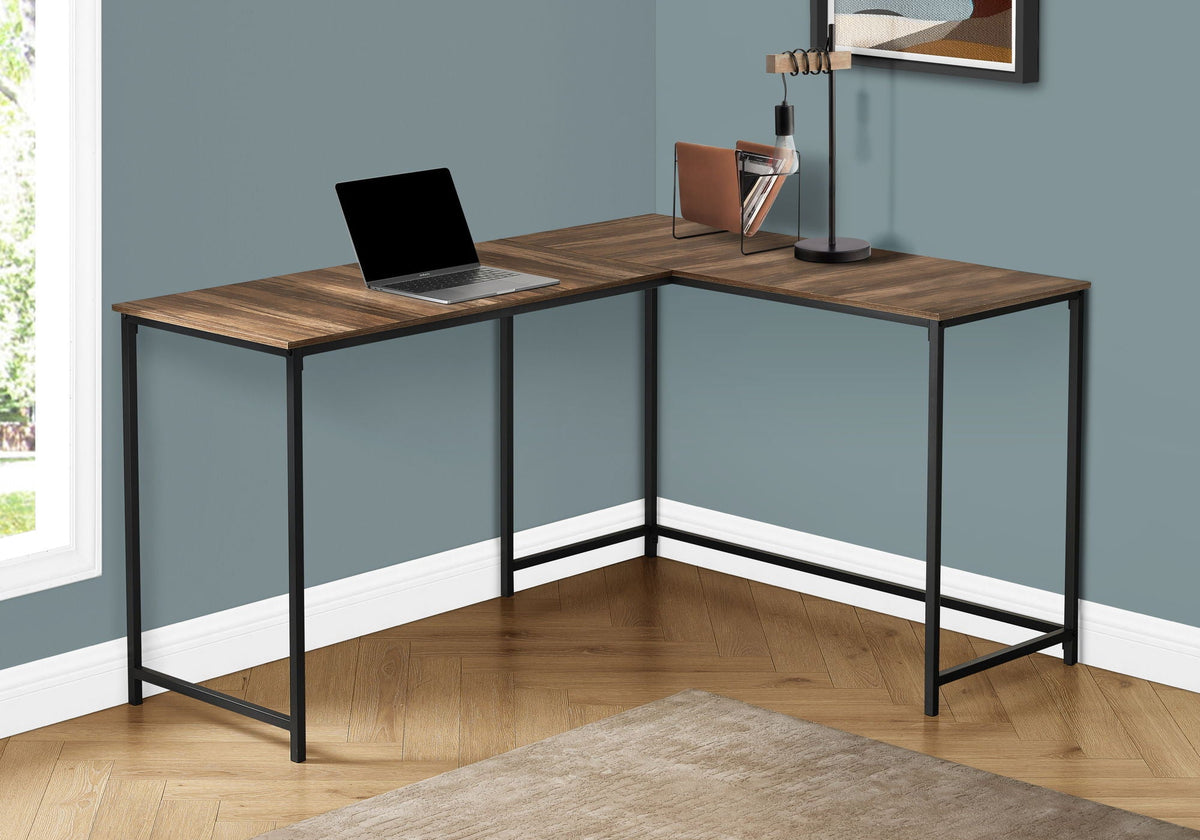 L-Shaped Corner Computer Desk with Modern Metal Base - Dark Brown, photo 4 of 4