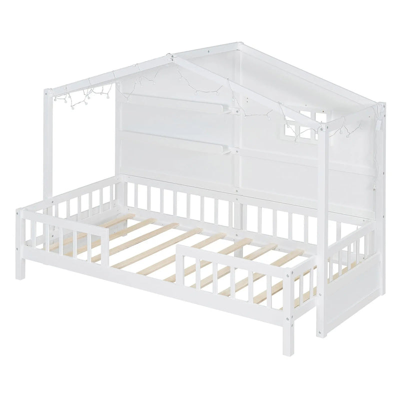 House Bed With Shelves, Window And Sparkling Light Strip On The Roof by HouseOfZazla