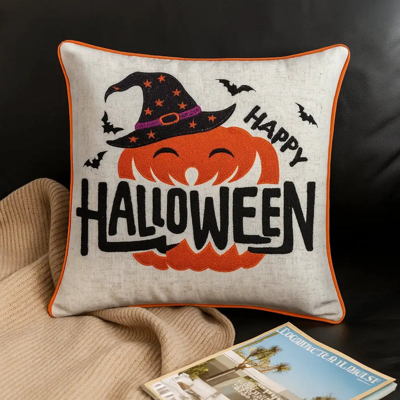 Embroidered Halloween Pumpkin Accent Pillow by HouseOfZazla