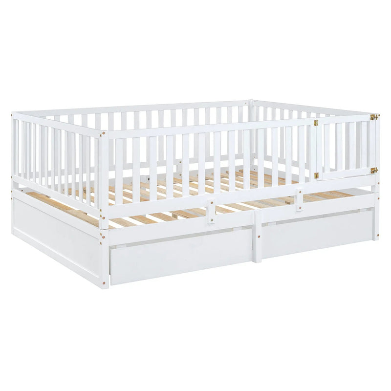Daybed With Fence Guardrails And 2 Drawers, Split Into Independent Floor Bed & Daybed by HouseOfZazla