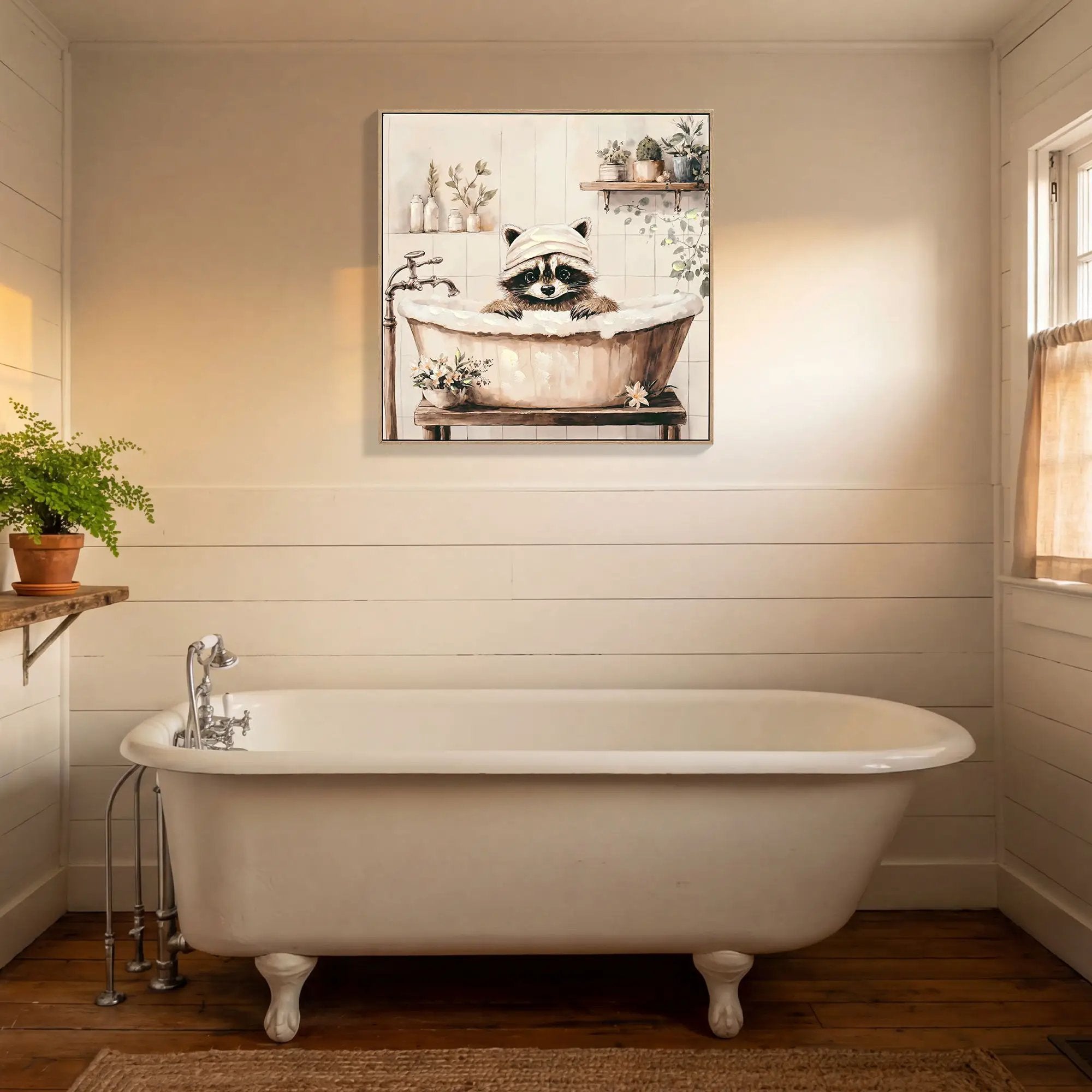 Raccoon Bathroom Canvas Wall Art, Framed - Black / Ivory by HouseOfZazla