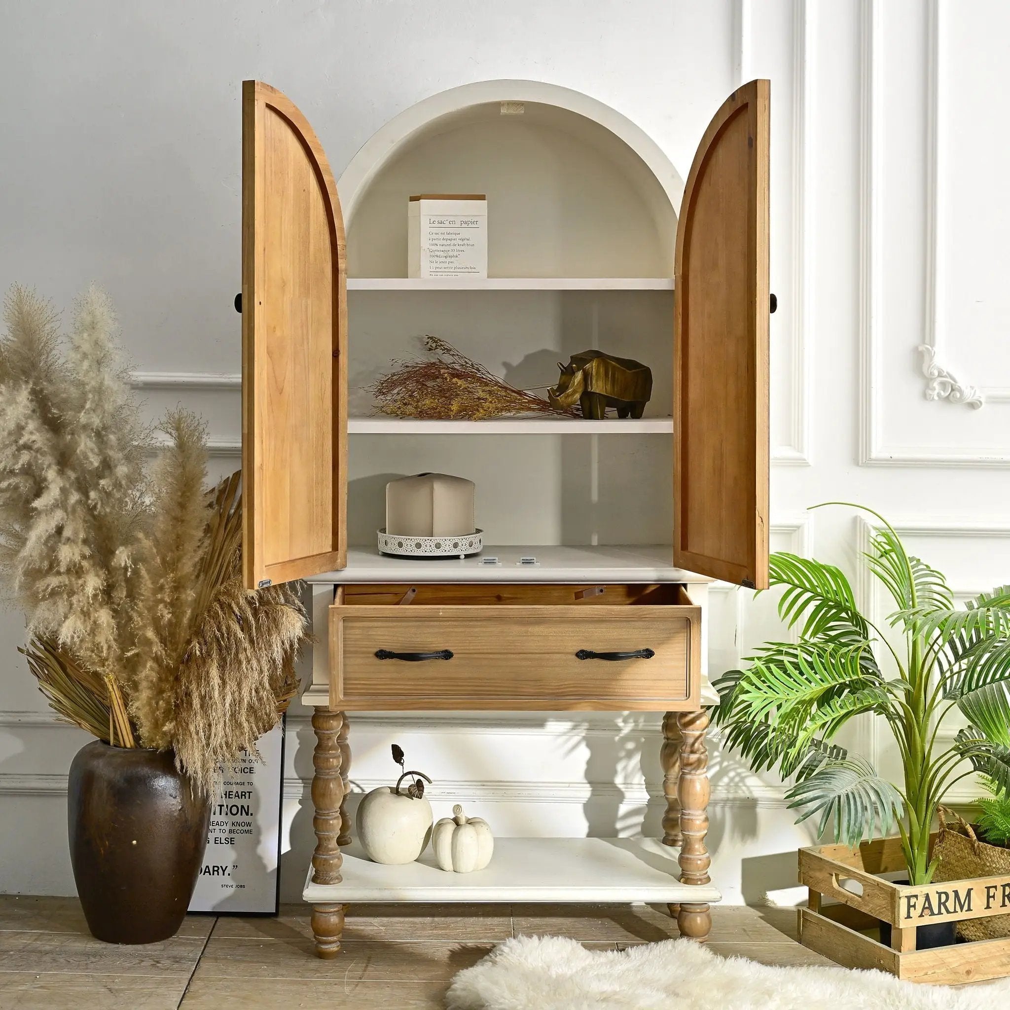 Arched Flower Carved Door Accent Sideboard Cabinet With 1 Drawer And Shelf, Cabinet For Kitchen - Natural / White by HouseOfZazla