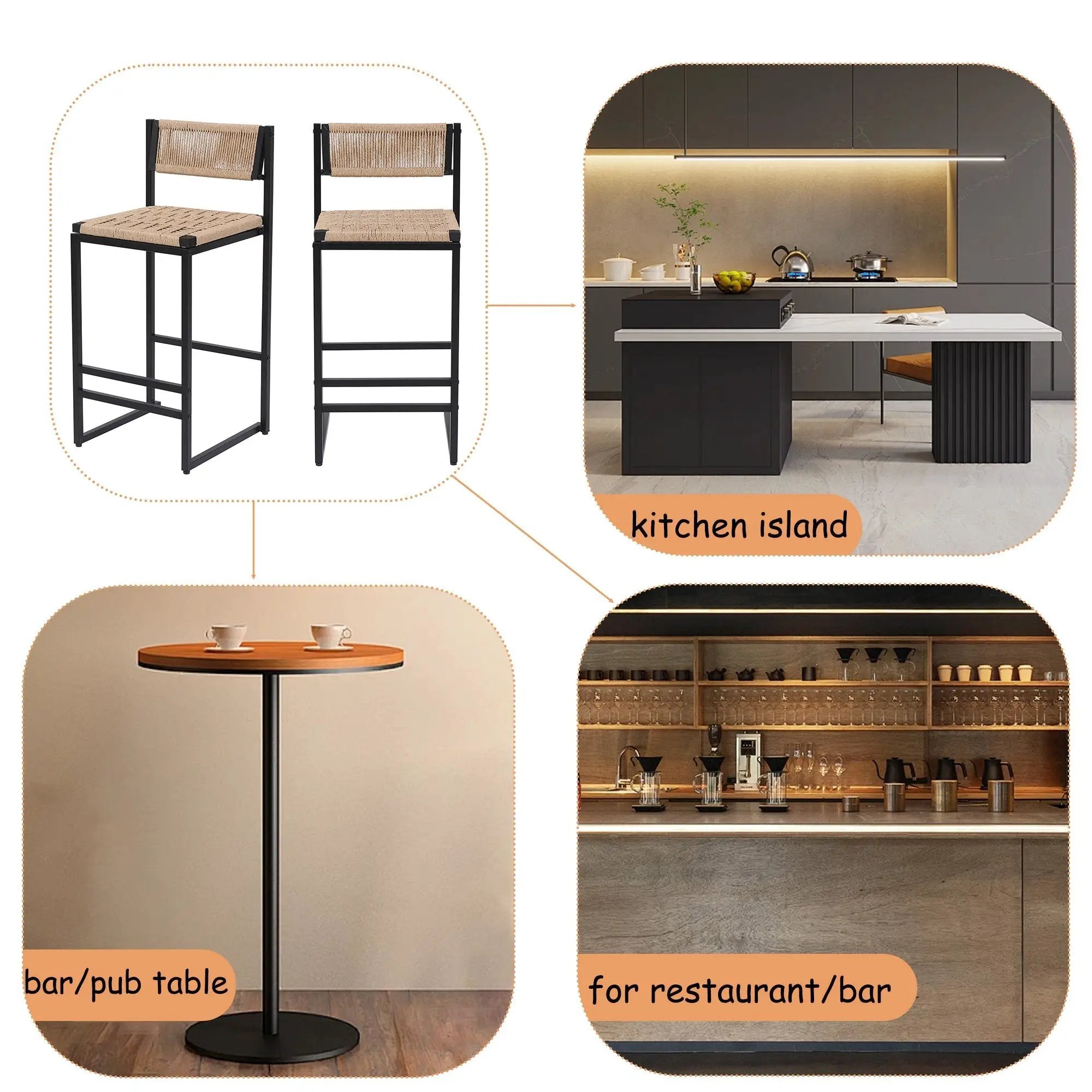 Kitchen Bar Stools with Footrest Set of 2 Paper Rope Weave Dining Chairs by HouseOfZazla
