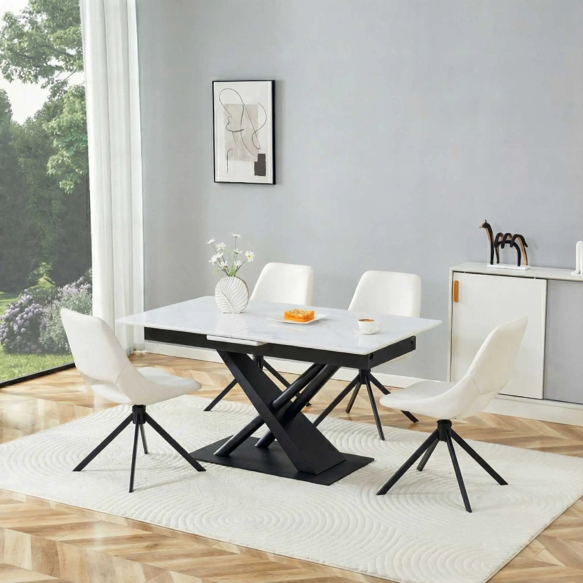 Dining Table With Geometric X Frame For Kitchen Or Dining Room - White Marble by Unique Piece Furniture