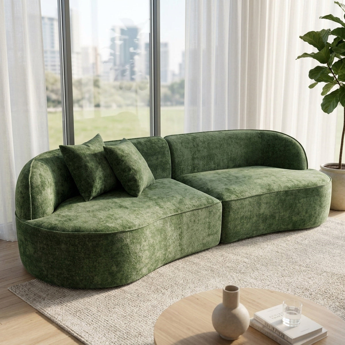 Curved Chenille Fabric Sectional Sofa with High-Density Foam - Dark Grey, Beige White, Dark Green, photo 3 of 10