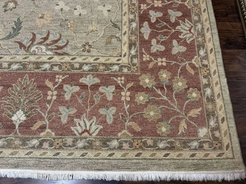 Large Turkish Soumak Rug 10x14, Flatweave Dhurrie, Handmade, Light Green and Salmon by Jewel Rugs