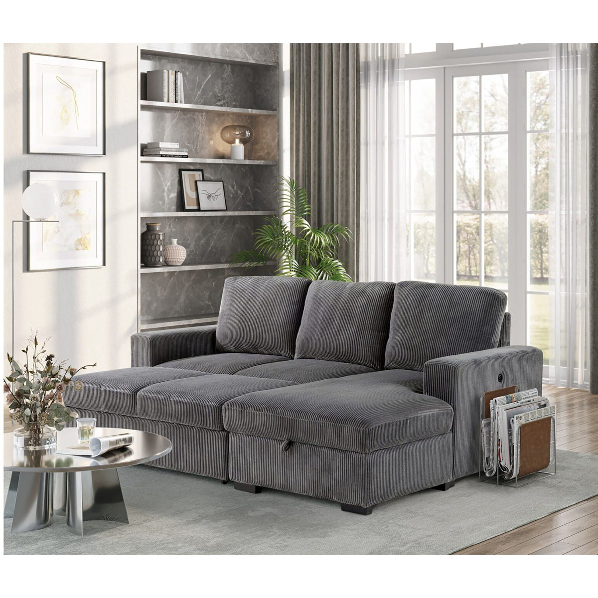 Dark Gray Sleeper Sectional Sofa with Pullout Bed - Contemporary Comfort, photo 15 of 16