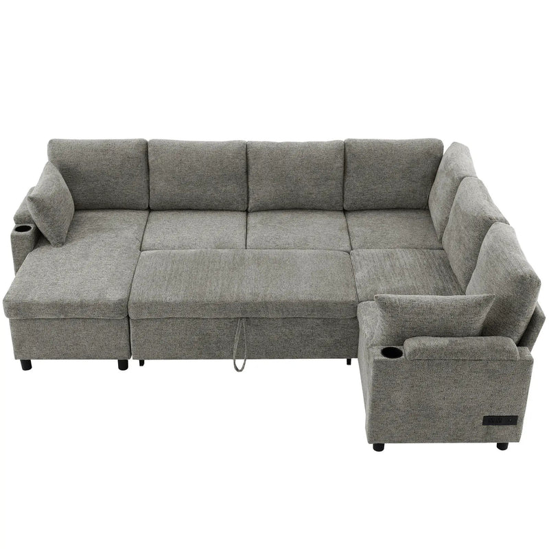 U-Shaped Sectional Sleeper Sofa With Ample Storage Space, 2 Cup Holders And Charging Ports For Living Room by HouseOfZazla