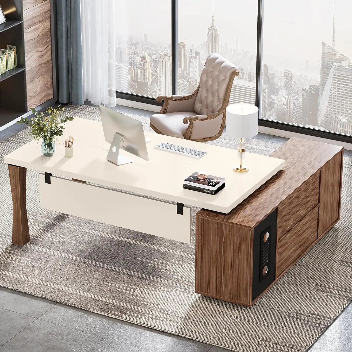 L-Shaped Executive Desk With Storage Cabinet, Home Office Workstation With Shelves - White / Walnut by HouseOfZazla