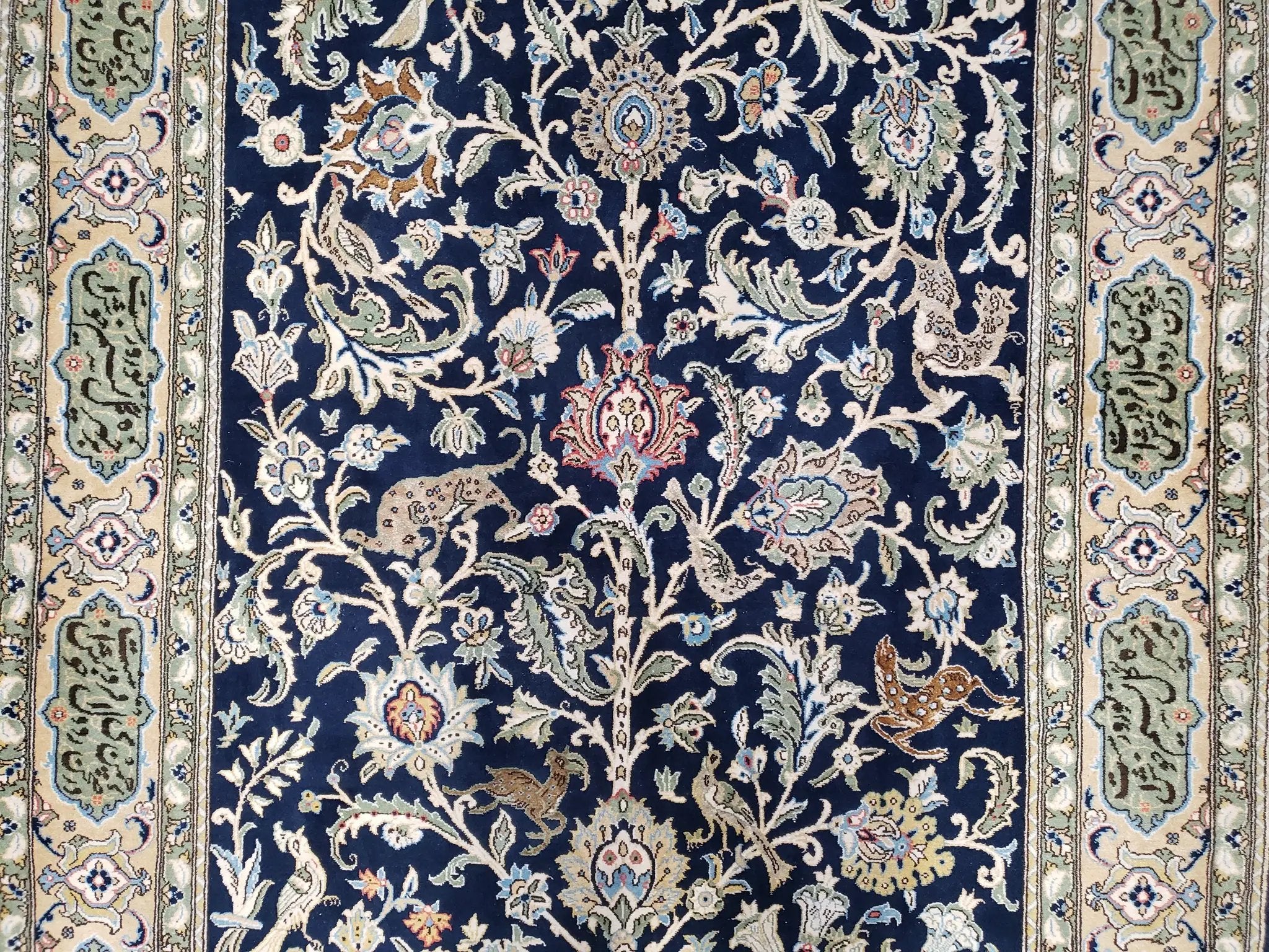 Semi Antique Persian Qum Tree of Life Rug, Hand-Knotted, Wool, Midnight Blue and Tan, Animal Pictorials, Written Poem in Borders, 4' 8" x 7' 8" by Jewel Rugs