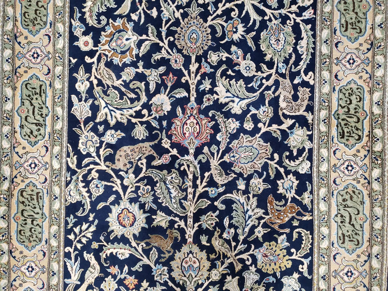 Semi Antique Persian Qum Tree of Life Rug, Hand-Knotted, Wool, Midnight Blue and Tan, Animal Pictorials, Written Poem in Borders, 4' 8" x 7' 8" by Jewel Rugs
