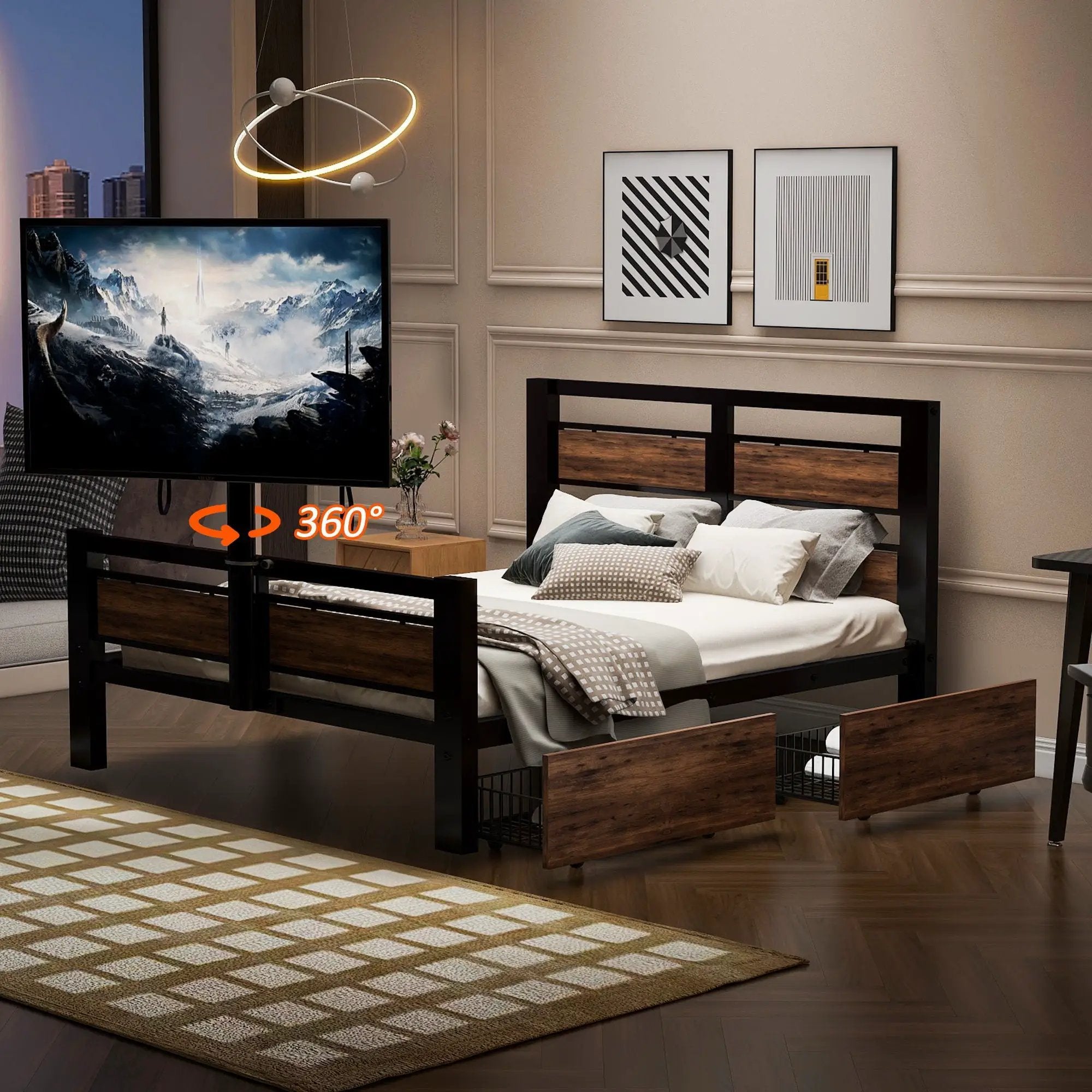 Twin Size Platform Bed With Headboard And Footboard, 2 Storage Drawers And Rotatable TV Stand - Black by HouseOfZazla