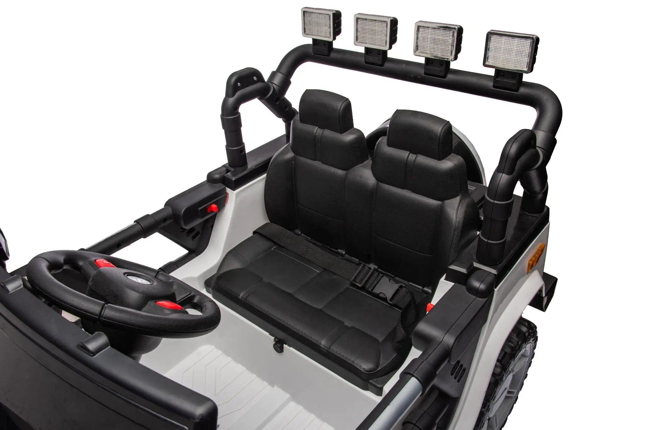 12V7A 30W*2 Four-Wheel Drive Seat One Button Start, Forward And Backward, High And Low Speed, Music, Front Light, Power Display, Two Doors Can Open, 2.4G R / C, Seat Belt Four Wheel Absorber by HouseOfZazla
