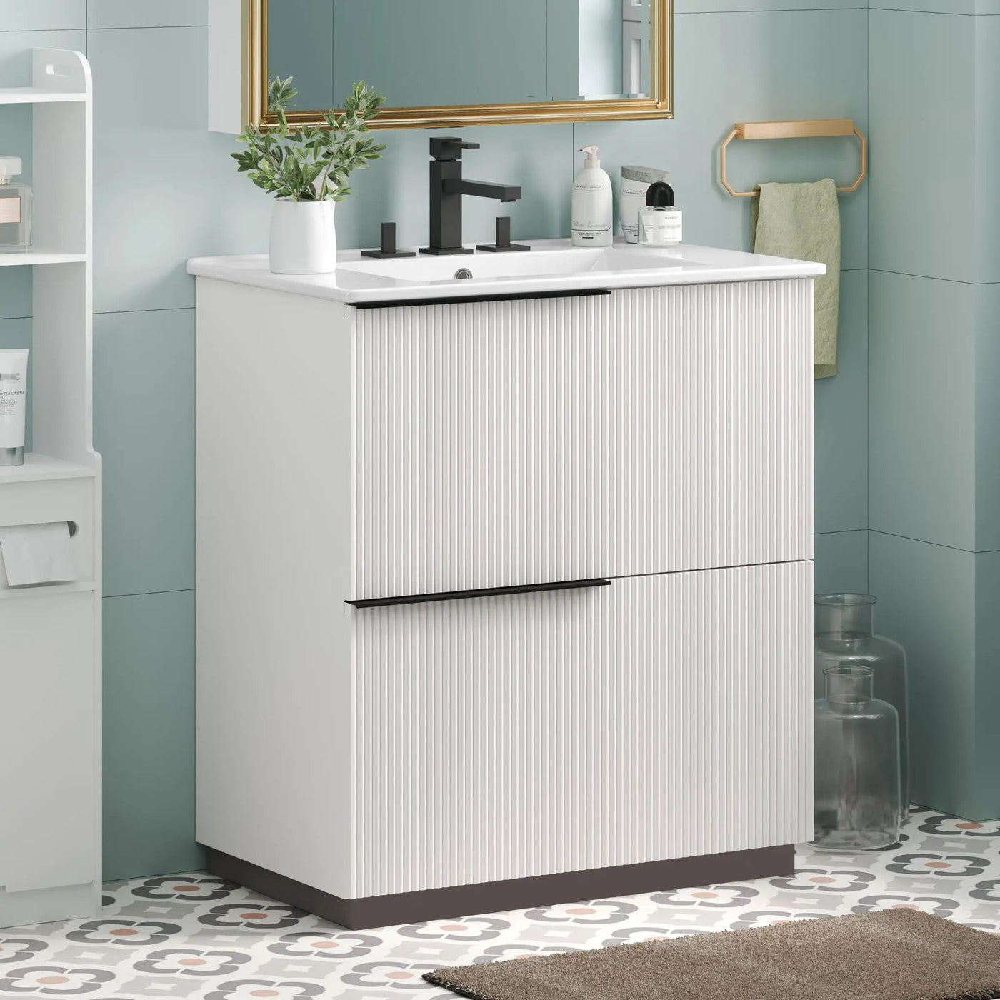 Fluted Bathroom Vanity With Ceramic Sink and Soft-Close Slides by HouseOfZazla