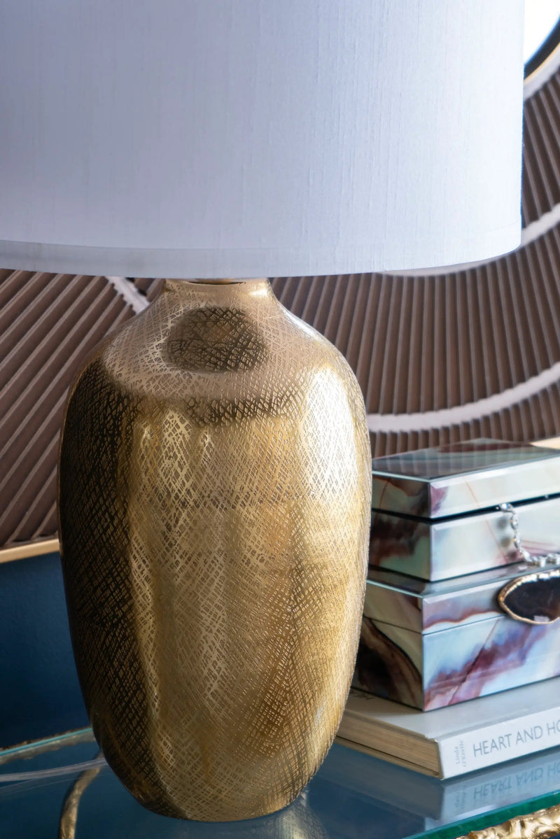 D18x31" Round Aluminum Sheet Gold Table Lamp with White Fabric Shade by HouseOfZazla