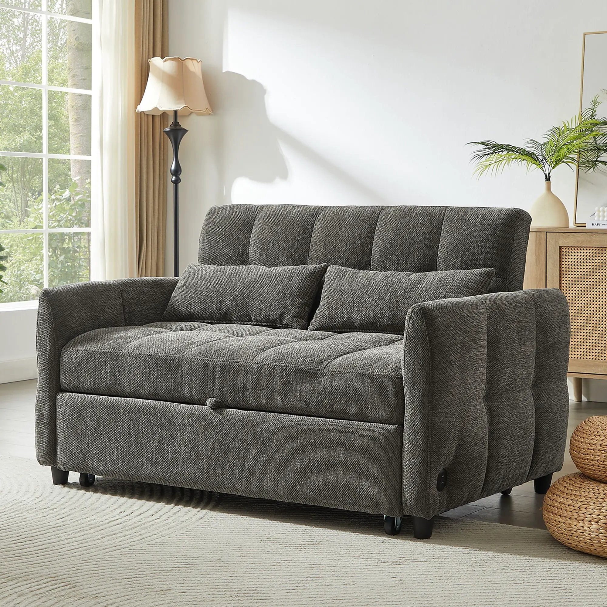 Loveseat Sofa Pull-Out Bed With Adjustable Backrest, 3 USB Ports And 2 Lumbar Pillows For Living Room by HouseOfZazla