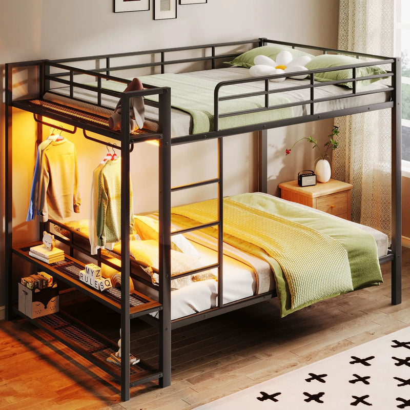 Bunk Bed With Storage Shelves, Clothes Hooks, LED Light by Unique Piece Furniture