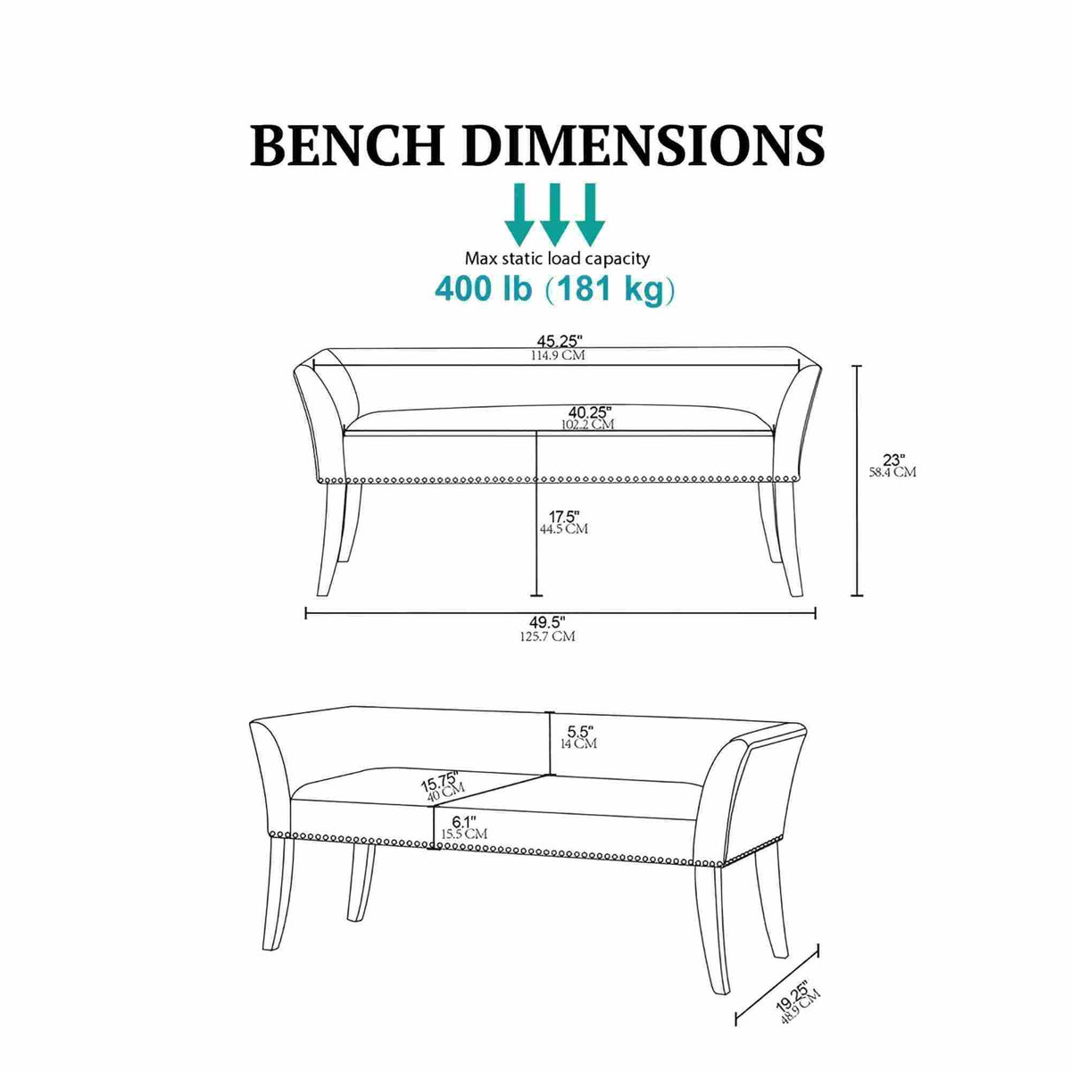 Welburn Upholstered Bench with Low Back and Flared Arms - Blue, Light Blue, or Beige, photo 30 of 32