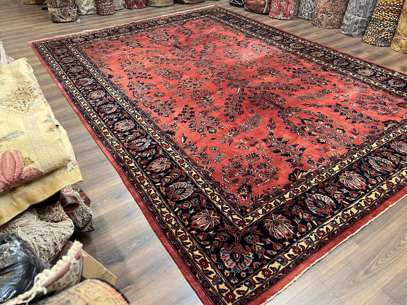Indo Sarouk Rug 10x14, Vintage Indian Persian Area Rug 10 x 14, Wool Hand-Knotted Oriental Carpet, Red Floral Allover Large Rug, Beautiful by Jewel Rugs
