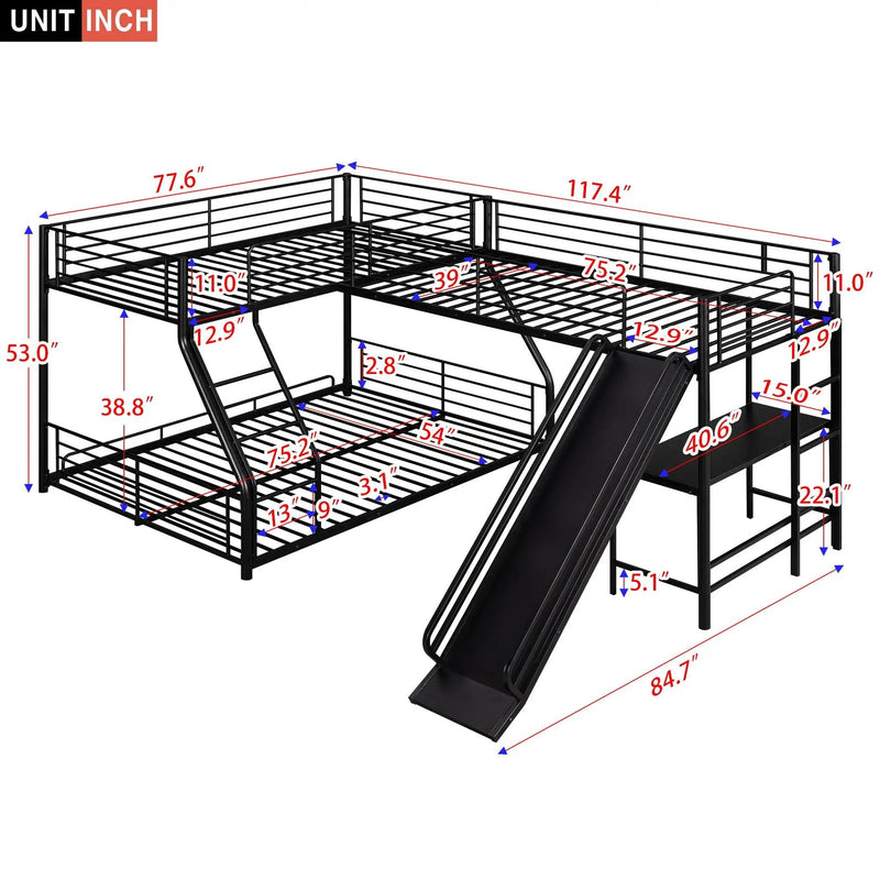 L-Shaped Twin Over Full Bunk Bed With Twin Loft, Built In Desk And Slide - Black by Unique Piece Furniture